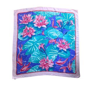 Ginnie Johansen Inc Silk Scarf Water Lily Fish Print Aqua Pink Red Vintage 1988